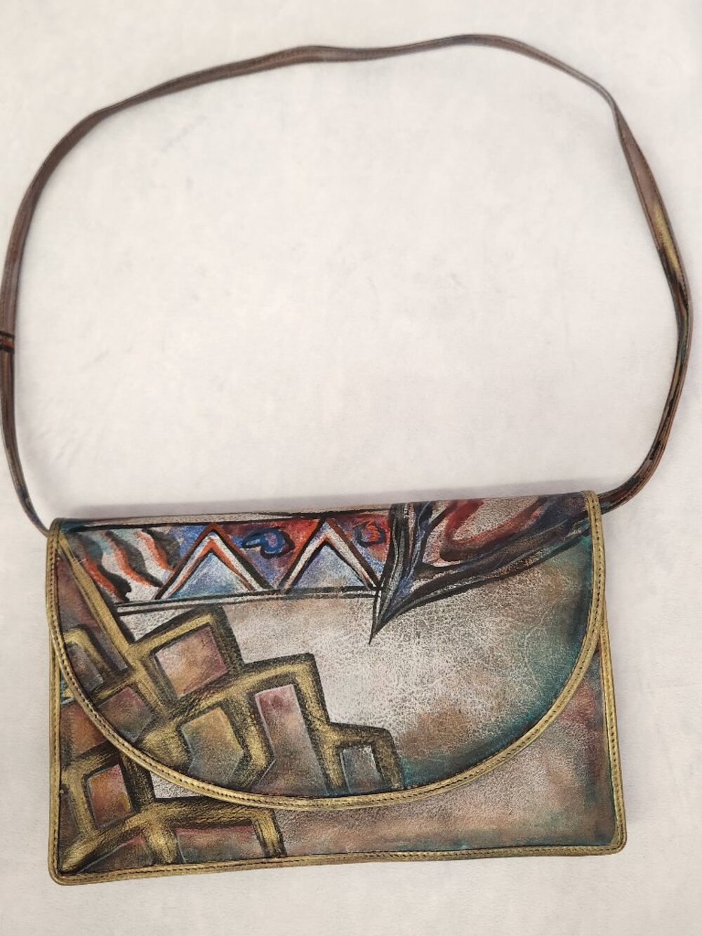 Vintage JANE YOO Leather Wearable Art Signed Shoulder Bag Front Snap Flap Hand P